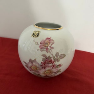 Vintage Gerold Porcelain Round Vase Hand Painted Floral Roses Embossed with Gold Trim/Made in Germany. Table Decor, Home Decor.