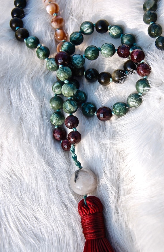 Inner Fire...Crystalline Nectar Mala 108 Genuine Gemstone Necklace Hand Knotted Hand Made Tassel Heart Healing Crystals One of a Kind