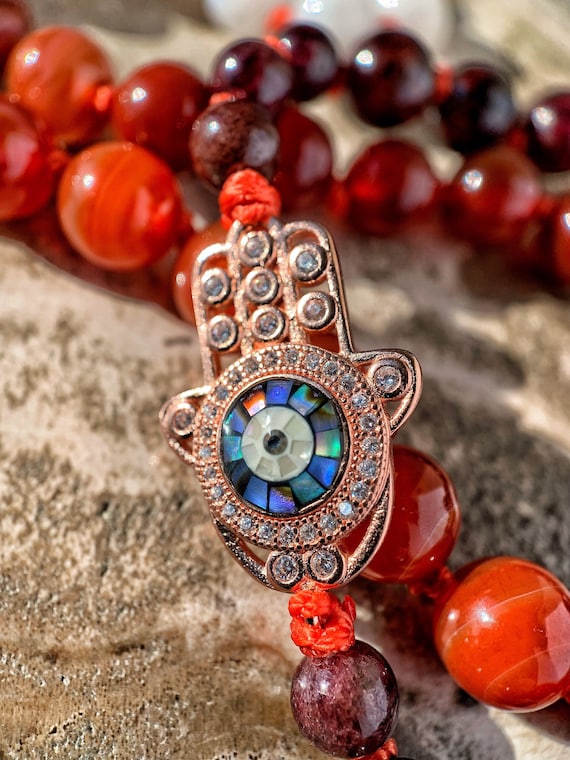 Light My Fire...Crystalline Nectar Mala 108 Carnelian Necklace HAMSA Ignite Vitality Passion Energy Mala Necklace