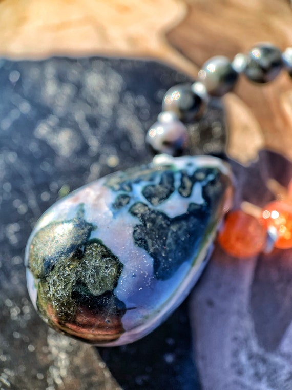 Reach for the Sun...Crystalline Nectar Mala 108 Grade AAA Gemstone Necklace with Indigo Gabbro Pendant Hand Knotted One of a Kind