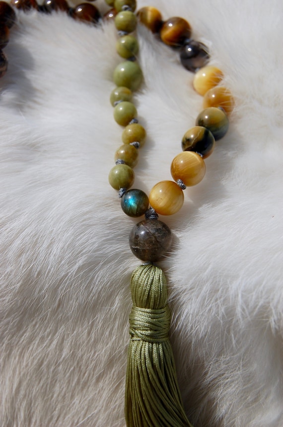 Magic, Do as You Will...Crystalline Nectar Mala Genuine Gemstone Necklace with Hand Made Tassel Hand Knotted One of a Kind Healing Crystals