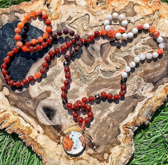 You Are the Spark...Crystalline Nectar Mala 108 Grade AAA Gemstone Necklace Hand Knotted with Agate Pendant One of a Kind