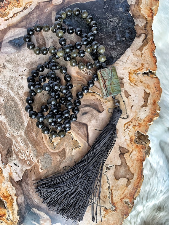 I Cast No Shadow...Crystalline Nectar Mala 108 Genuine Gemstone Necklace with Jasper Pendant Handmade Tassel Crystal Healing One of a kind