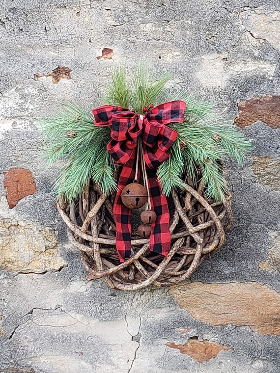 Farmhouse Christmas wreath Buffalo Plaid Holiday door decor Rustic vine wreath Christmas wreaths for front door Christmas wreaths