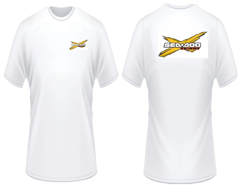 May include: White t-shirt with a yellow and red "Sea-Doo Team" logo on the back and a smaller logo on the front.