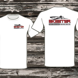 May include: White t-shirt with a black and red logo on the back that says "SKEETER PERFORMANCE FISHING BOATS". The logo features a stylized mosquito.