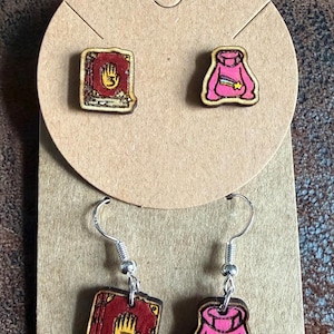 Pendientes de gemelos misteriosos, pendientes inspirados en el suéter de Mabel, pendientes con forma de libro.