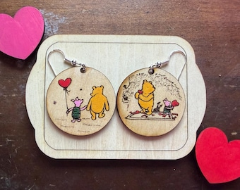 Pendientes originales de San Valentín con el oso Winnie the Pooh, pendientes originales de Winnie the Pooh, pendientes ilustrados con el oso Winnie the Pooh