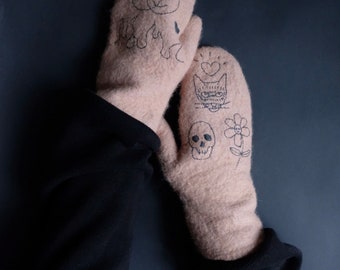 Wool felted mittens with embroidered tattoo, rose mittens for woman