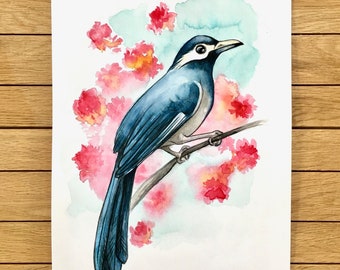 Cuadro Floral Pájaro Azul, Pintura Original y única, Tamaño A4, Ilustración en Acuarela, Regalo Arte, Decoración Hogar, Decoración Floral