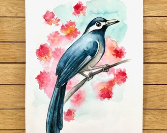 Peinture florale d’oiseau bleu, art original, peinture de taille A4, illustration d’aquarelle, cadeau d’art, décor à la maison, décor tropical d’art à la maison