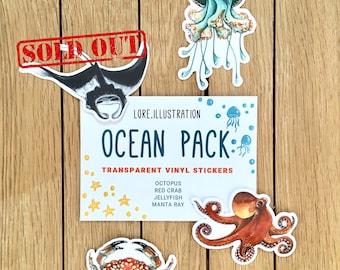 Ocean Stickers, Transparent Stickers, Vinyl Stickers, Plastic free packaging, 3 Ocean Stickers pack, Octopus, Crab, Jellyfish