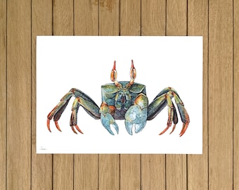 Horned Ghost Crab, Crab, Colourful Crab, Giclée Print, Watercolor Illustration, Home Decor, Kids Room, A5, 8.5"x11", A4, A3, 13"x19