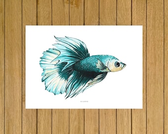 Turquoise Betta Fish Print, Tropical Fish, Giclée Print, Watercolor illustration, Wall Art Print, Home Decor, Nursery Decor, Blue Room Decor