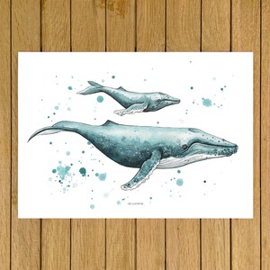 Humpback Whale Art Print: Watercolor Mum & Baby, Ocean Nursery Decor