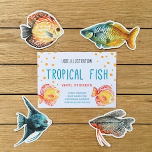 Adesivos de peixes tropicais, peixes, adesivos de vinil, adesivos transparentes, embalagens sem plástico, ilustrações em aquarela, pacote com 4 adesivos