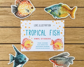 Tropical Fish Stickers, Fish, Vinyl Stickers, Transparent Stickers, Plastic Free packaging, Watercolor Illustration, 4 Sticker Pack