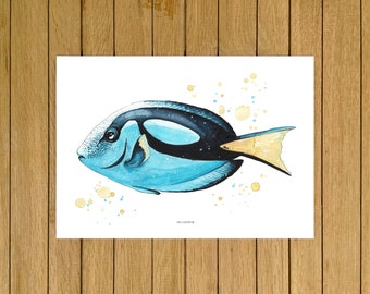 Blue Tang Fish Print, Fish Art, Giclée Print, Watercolor Illustration, Ocean Art, Home Decor, Kids Room, Nursery Decor, Beach House Decor