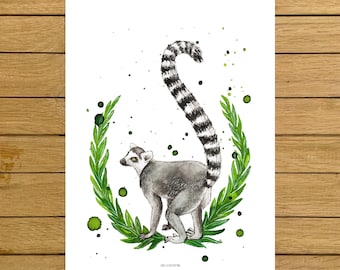 May include: Watercolor illustration of a ring-tailed lemur with a black and white striped tail, standing on its hind legs. The lemur is surrounded by green leaves and green watercolor splatters on a white background.
