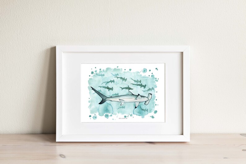 White Home Decor Sharks Wall Art Home Decor Watercolour Illustration Kids Room Nursery Decor Hammerhead Sharks Print Gicl\u00e9e Print