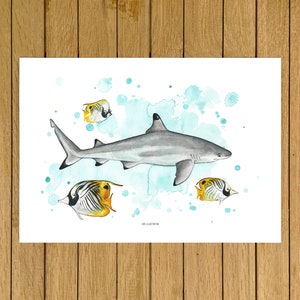 Black tip Shark, Shark, Ocean, Polynesia, Giclée Print, Watercolor Illustration, Home Decor, Nursery Decor, A5, 8.5&quot;x11&quot;, A4, A3, 13&quot;x19