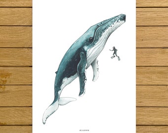 Humpback Whale & Diver Print, Humpback Whale Art, Whale, Giclée Print, Home Decor, Ocean Lovers Gifts, Kids Blue Room Decor, Beach House Art