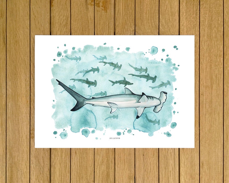 White Home Decor Sharks Wall Art Home Decor Watercolour Illustration Kids Room Nursery Decor Hammerhead Sharks Print Gicl\u00e9e Print