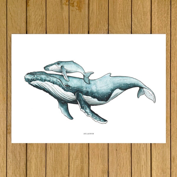Humpback Whale Art Print: Watercolor Mum & Baby Giclée