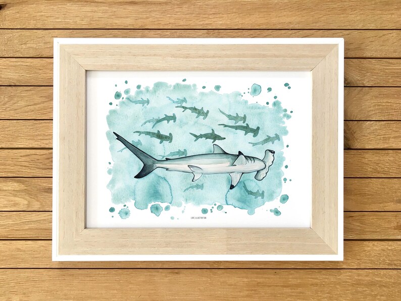 White Home Decor Sharks Wall Art Home Decor Watercolour Illustration Kids Room Nursery Decor Hammerhead Sharks Print Gicl\u00e9e Print