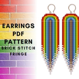 May include: Rainbow beaded earrings with a fringe. The earrings are made with brick stitch and have a rainbow pattern. The earrings are for sale as a PDF pattern.
