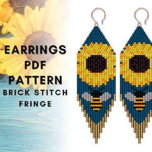 Sunflower and bee Seed bead fringe earring pattern, Brick stitch insect, Beaded yellow flower, Bumblebee earring, PDF digital