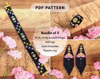 Seed bead patterns bundle, Peyote ring Loom Bracelet Brick stitch fringe earring, Rosy Maple Moth & Moon Phases, Delica PDF digital 003