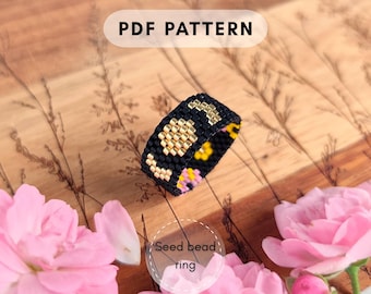Rosy Maple Moth peyote ring pattern, Seed Bead Pattern, Triple Moon design Moon Phases Beading Pattern Celestial DIY Jewelry PDF digital 003