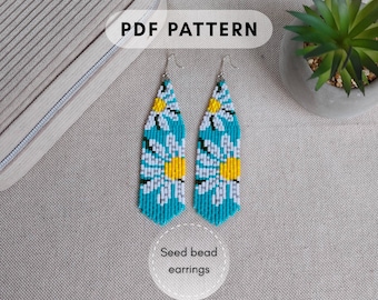Daisy flower Seed bead earring pattern, Turquoise fringe, Brick stitch, floral design, Miyuki Delica, Grown up beading pdf digital 193