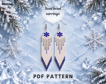Patrón de pendientes de cuentas con forma de copo de nieve, pendientes de flecos de invierno, Miyuki Delica, patrón de joyería con puntada de ladrillo, PDF digital 071