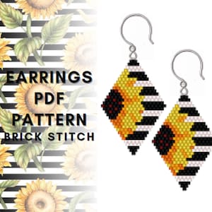 Peut inclure: Une paire de boucles d'oreilles en perles avec un motif de tournesol en noir, blanc, jaune et orange. Les boucles d'oreilles sont réalisées en point de brique et sont disponibles sous forme de patron PDF.