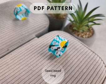 Daisy flower Seed bead peyote ring pattern, Turquoise floral design, Miyuki Delica, Grown up beading Art therapy pdf digital 002