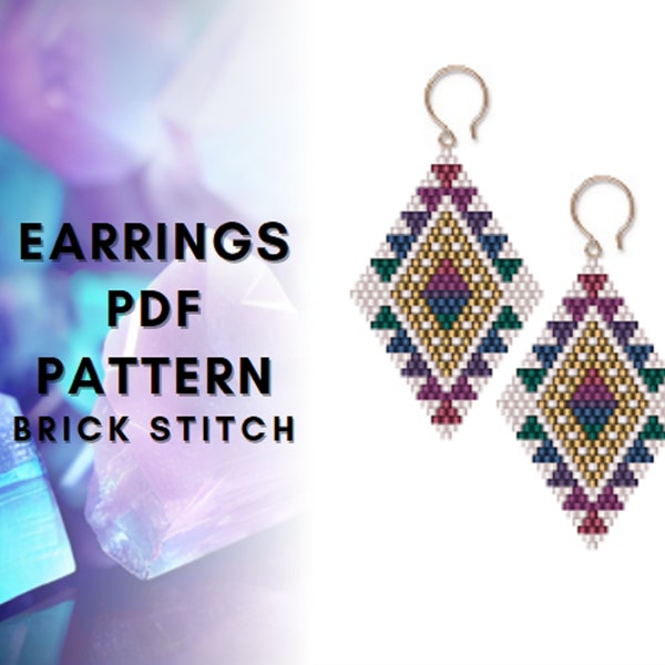 Native style brick stitch earring pattern, Seed bead Miyuki Delica, Rhomb shape, White earring pattern, Native style inspired, digital