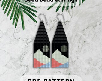 Boho Beaded fringe earring pattern, Brick stitch, Seed bead, Bead weaving, Landscape mountain river sun moon, Minimalist, PDF digital 064