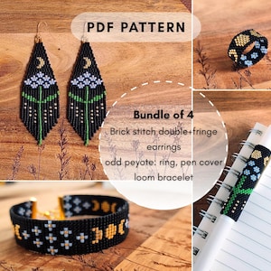 May include: A PDF pattern bundle of four beaded items including a pair of black earrings with a flower and moon design, a matching beaded ring, a beaded pen cover, and a loom bracelet, all featuring a consistent black, blue, and gold color scheme.