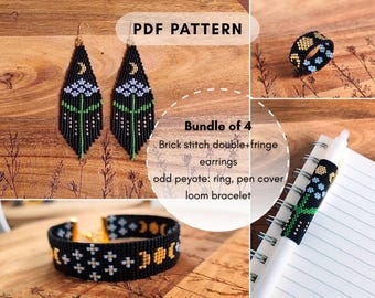 Bundle of 4 beaded patterns Odd peyote ring Loom Bracelet Brick stitch earring Pen cover Moon Flower seed bead Miyuki Delica PDF digital 001
