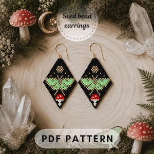 May include: A pair of diamond-shaped seed bead earrings featuring a black background with a light green moth, a small yellow circle, and a red and white mushroom design. The earrings have gold-toned hooks and are presented as a PDF pattern.