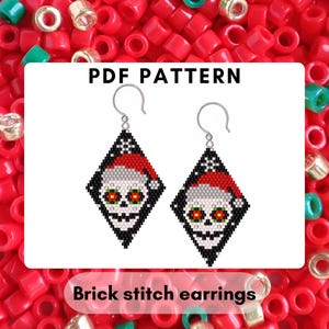 Christmas Sugar skull head in Santa hat brick stitch earring pattern, Seed bead Miyuki Delica Winter DIY jewelry Beadweaving PDF digital 517