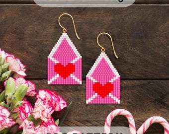 Love letter beaded earring pattern, Brick stitch short fringes Valentine Day, Seed bead Delica, Beadwork, Heart note design, PDF digital 344