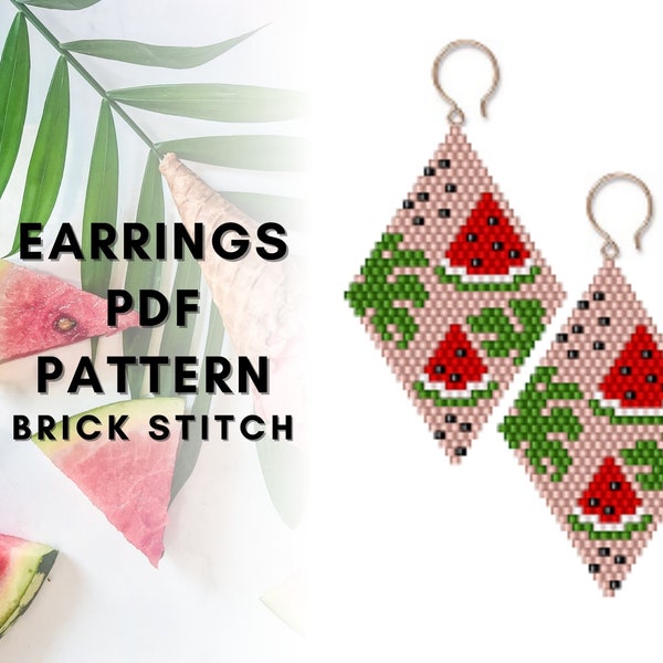 Watermelon brick stitch earring pattern, Summer fruit earring, Seed bead earring, Monstera leaves earring, Rhomb shape beadwork, digital