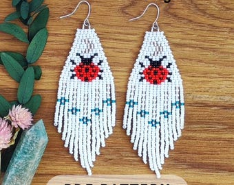 Moon ladybug seed bead fringe earring pattern, Miyuki round rocailles, Bead weaving, Easy for beginner Double brick stitch PDF digital 262