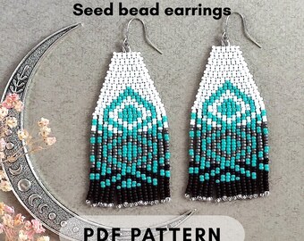 Geometric ethnic beaded fringe earrings pattern 2 drop brick stitch Seed beads Ombre white black shades, Easy beading, PDF digital 046