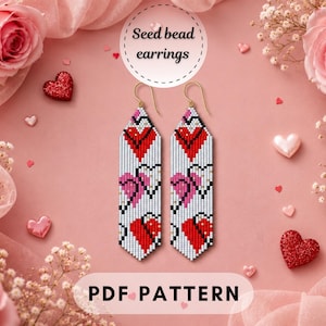 May include: A pair of long, rectangular seed bead earrings featuring a repeating heart pattern in red, pink, and black on a white background. The earrings have gold-tone metal hooks. The image includes the text Seed bead earrings and PDF PATTERN.