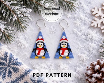 ペンギンのビーズイヤリングパターン、クリスマスイヤリングPDF、ブリックステッチシードビーズパターン、ミユキデリカビーズ、冬のジュエリー、デジタルダウンロード320