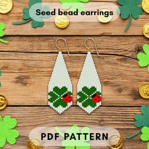 Lucky 4 leaf clover with ladybug beaded earring pattern, Brick stitch fringe, Seed bead, St Patrick day Beading Shamrock pdf digital 077